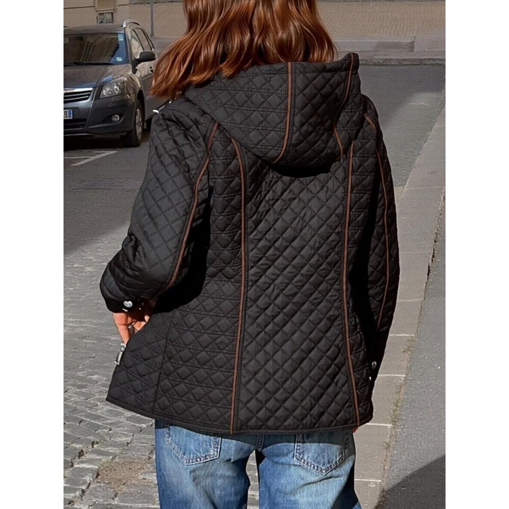 Women Black Hood Quilted Puffer Jacket Long Sleeve Short Coat Zip Up Pockets - Picture 5 of 6